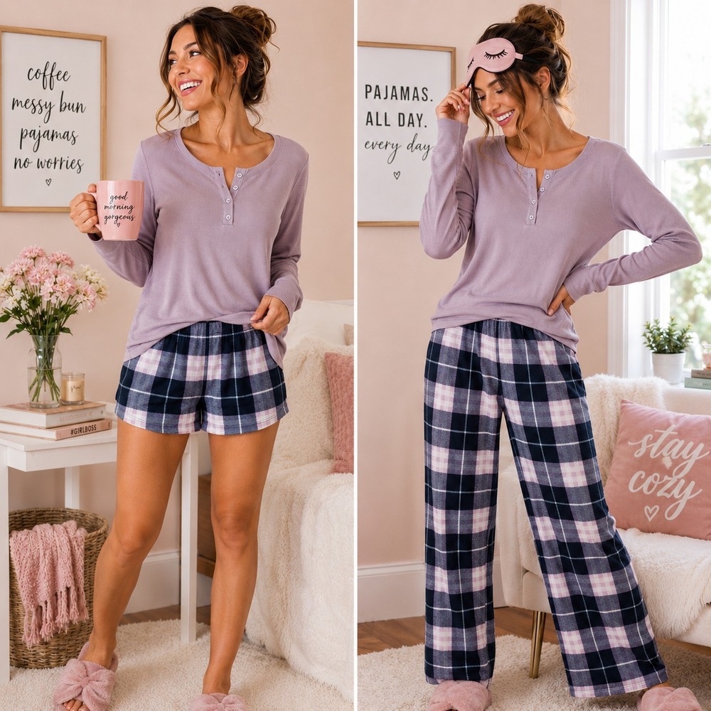 Eddie Bauer 3Pc Waffle Knit Pajama Set Sz XL Purple Henley Cozy Lounge Cabincore